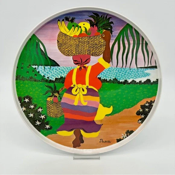 Vintage Nusza Woyda Tropical Melamine Tray 12” Caribbean Island Artist Signed - Picture 2 of 5